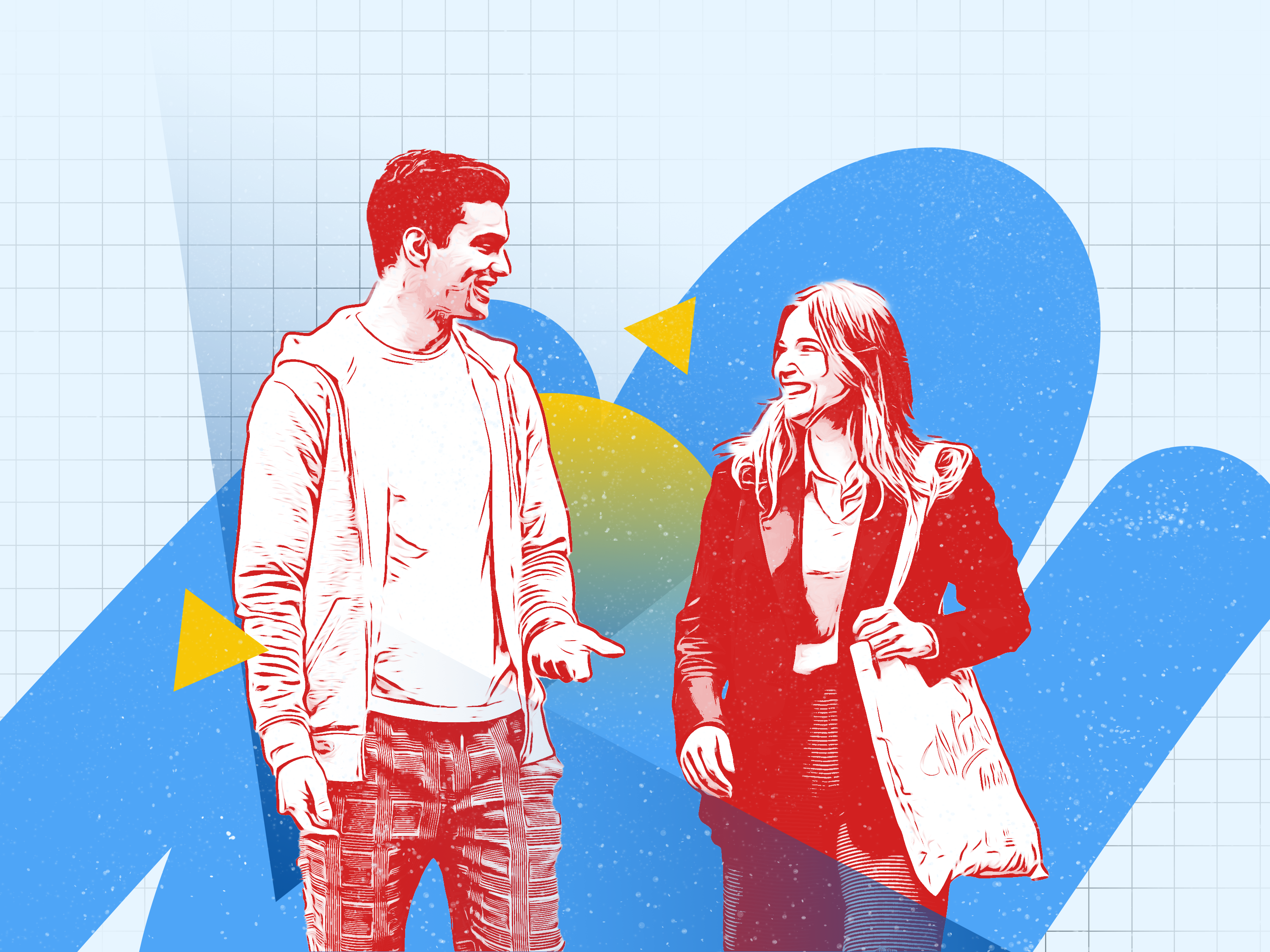 Figure showing a graphic treatment of a two students walking and talking to each other. They are smiling. Original photograph by Sophie Margue.