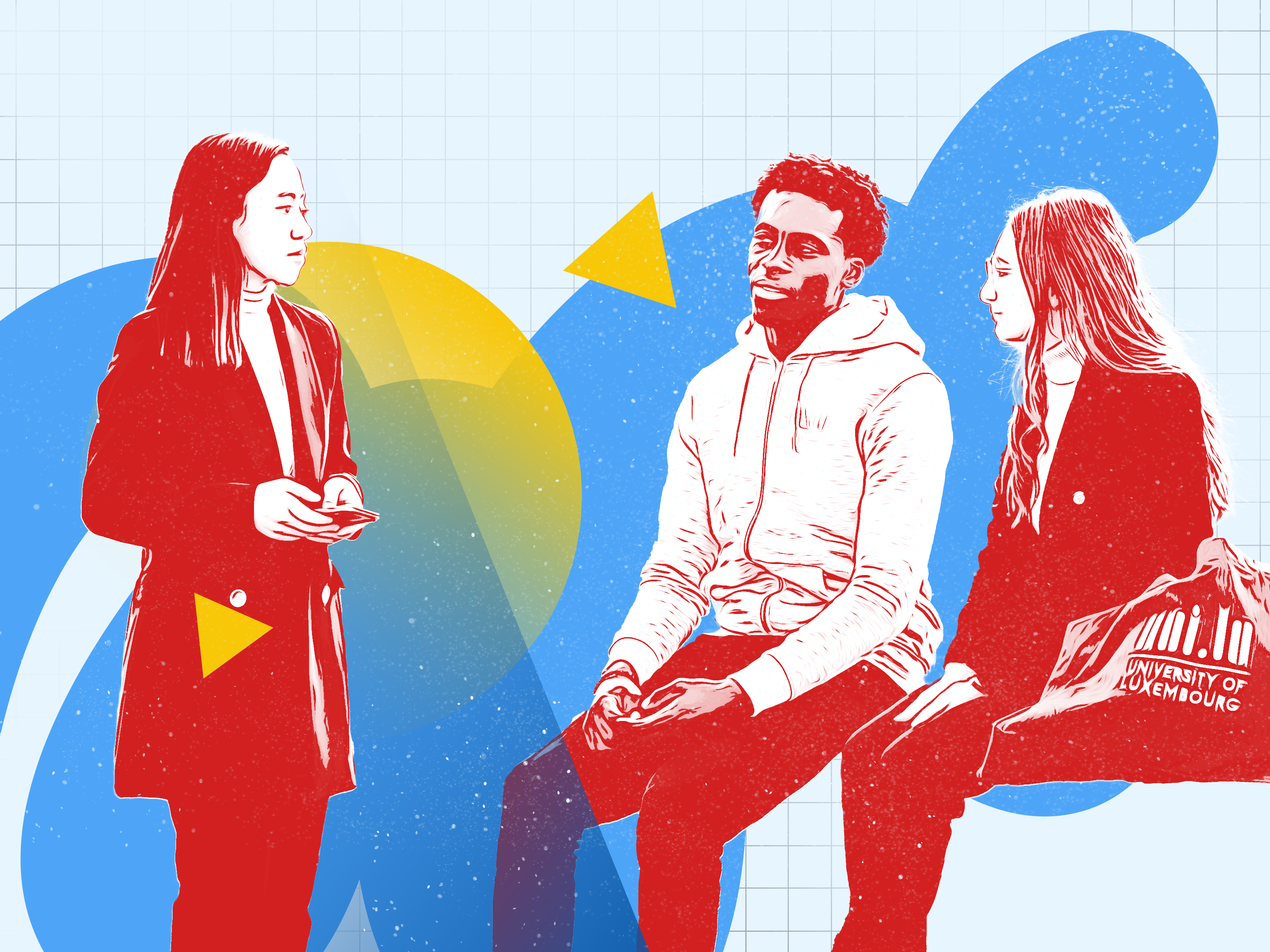 Figure showing a graphic treatment of students sitting and talking to each other. They look quite serious. Original photograph by Sophie Margue.